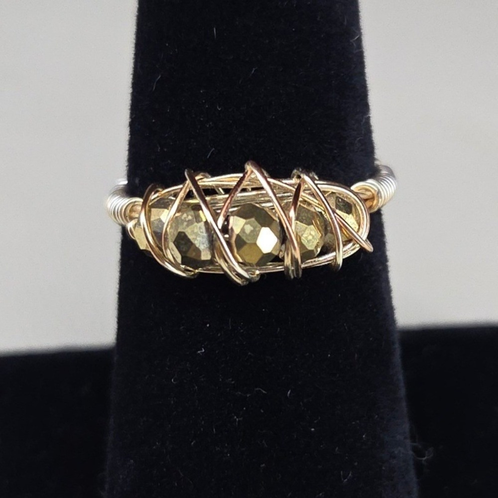 Handmade Wire Wrapped Gold Tone Bead Ring Boho Statement Size 8